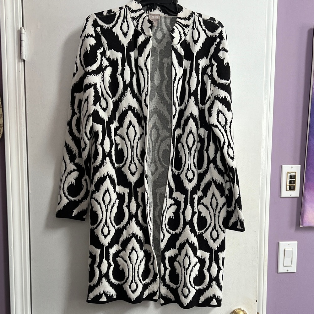 Chico's Black & White Open-Front Patterned Cardigan